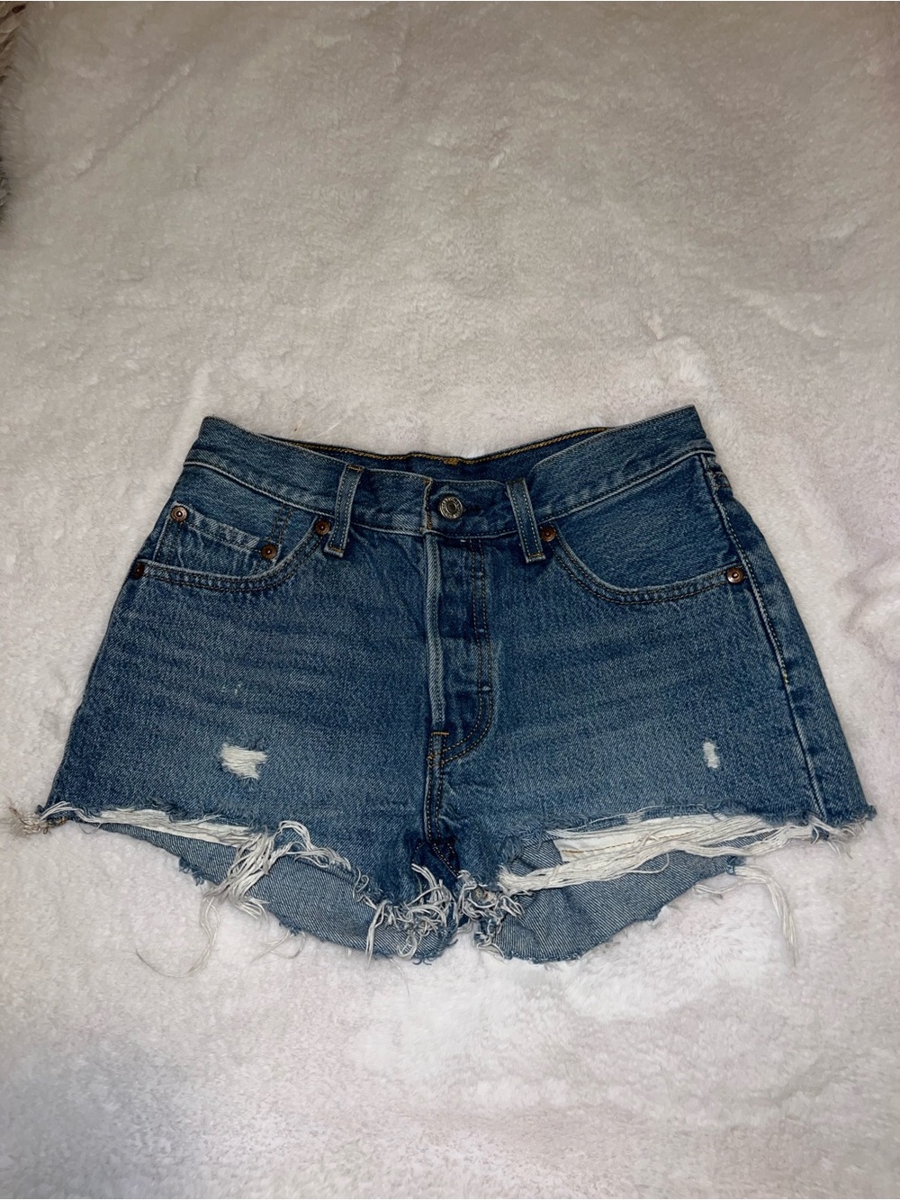 Levi's Dark Blue Distressed High-Rise Denim Shorts